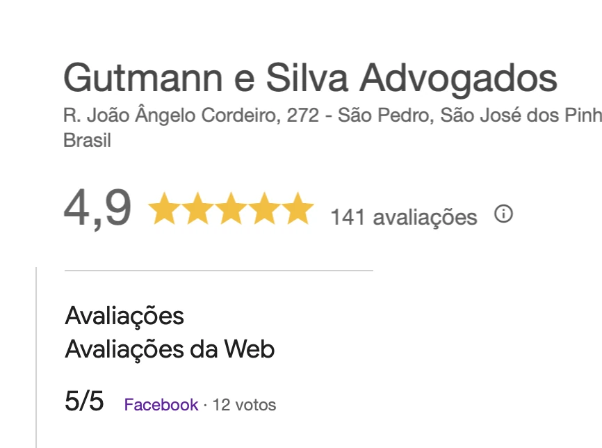 Avaliações públicas do escritório: nota 4,9 no Google, com 141 avaliações, e 5/5 no Facebook, com 12 votos